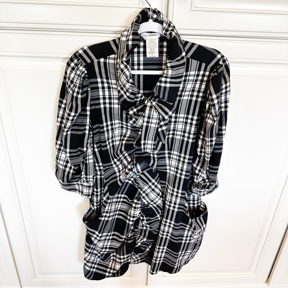 NaraCamicie Womens Black White Plaid Puff Sleeve Unique Lagenlook Pussybow Dress